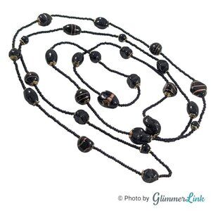 Vintage Long Black Gold Flecked Beaded Bohemian Necklace